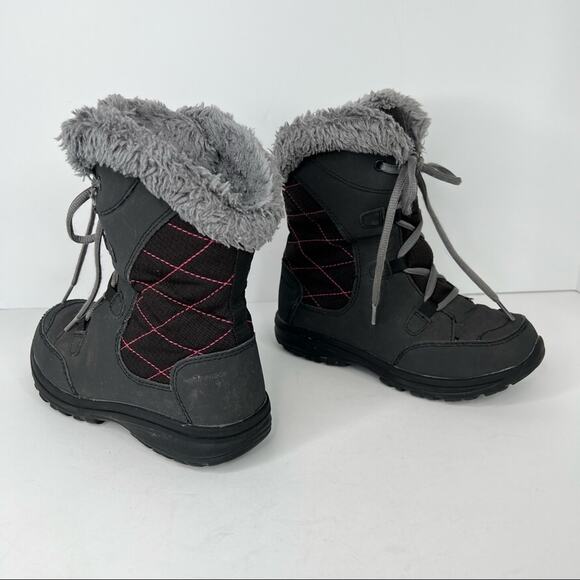 Columbia charcoal gray pink faux fur trim winter lace up ankle snow boots size 1 - Picture 4 of 10